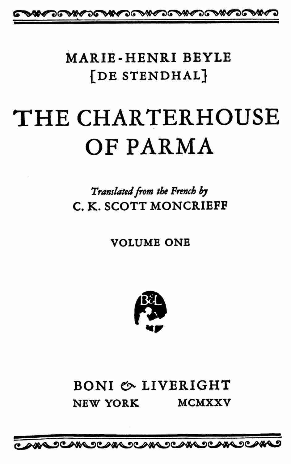 The Charterhouse of Parma, Volume 1 cover
