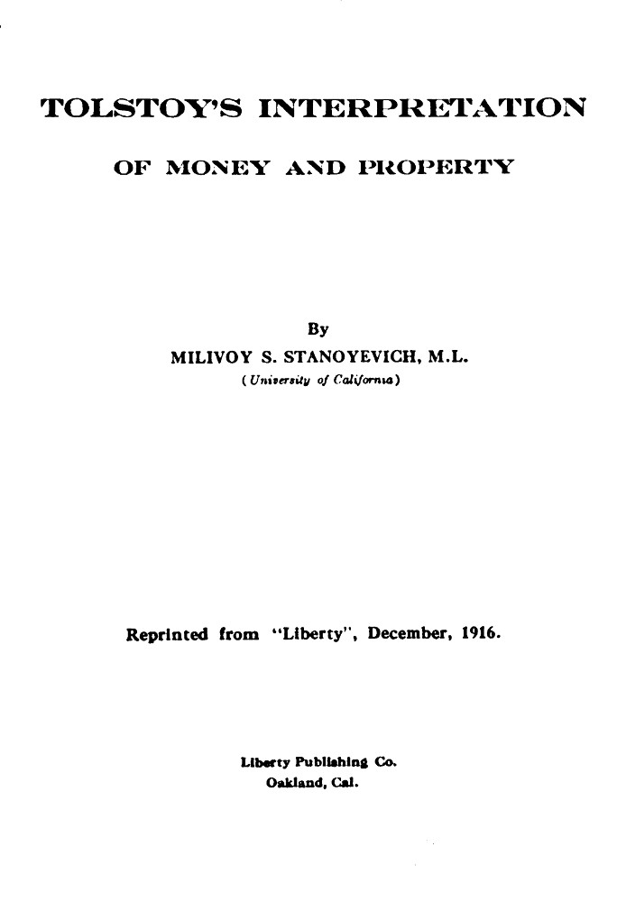 Tolstoy's interpretation of money and property cover