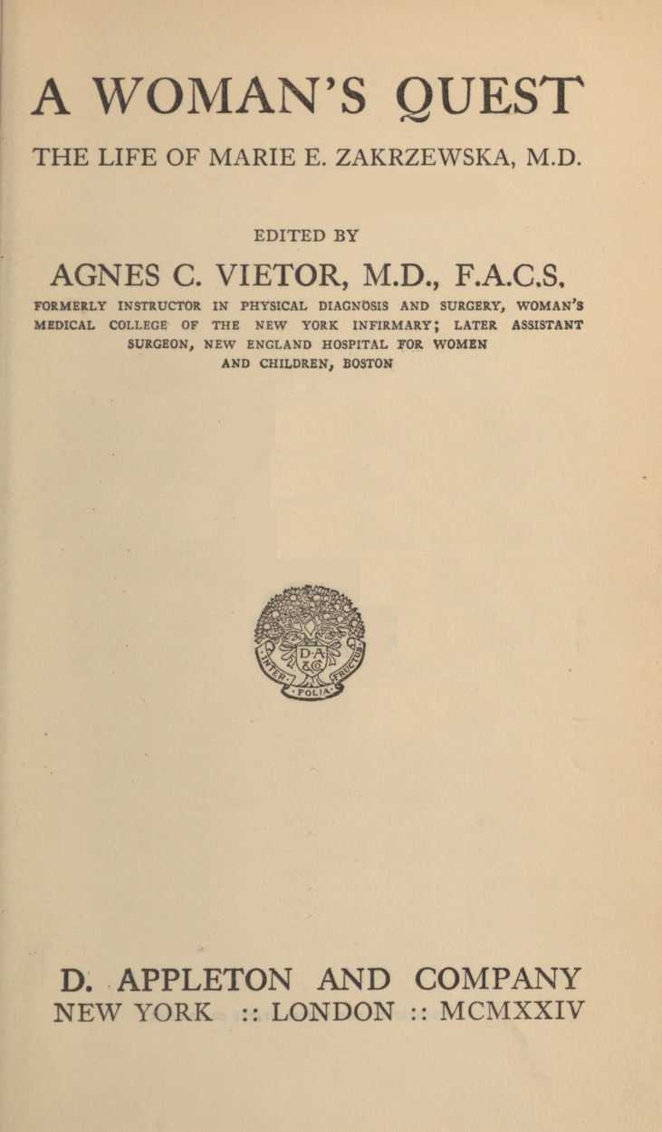 A Woman's Quest: The life of Marie E. Zakrzewska, M.D. cover