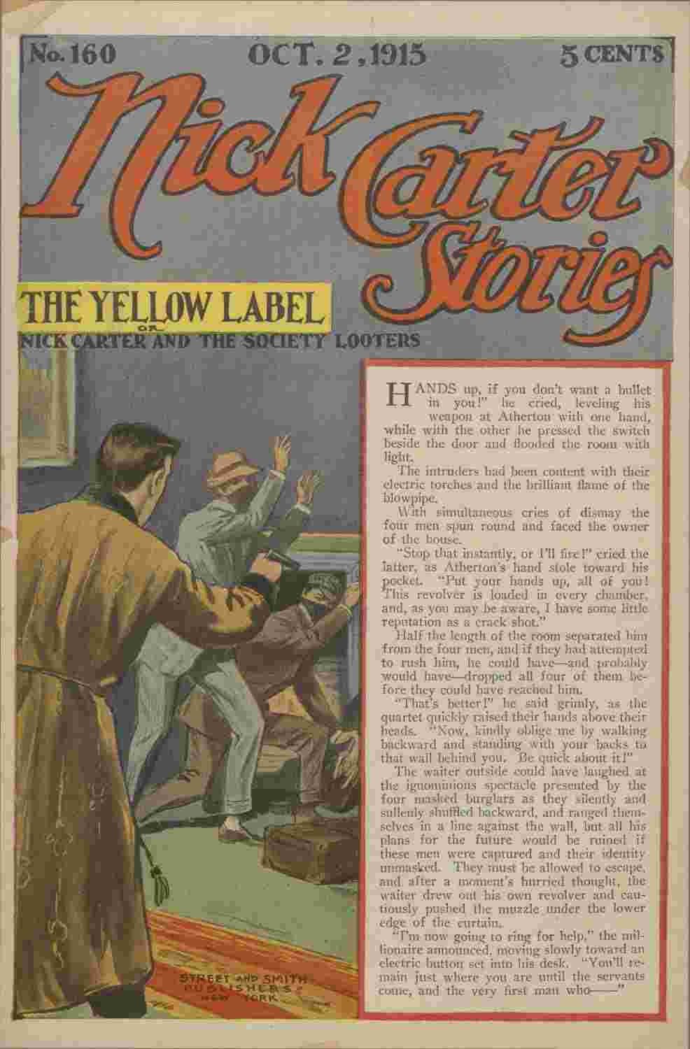 Nick Carter Stories No. 160, October 2, 1915: The Yellow Label; or, Nick Carter and the Society Looters. cover