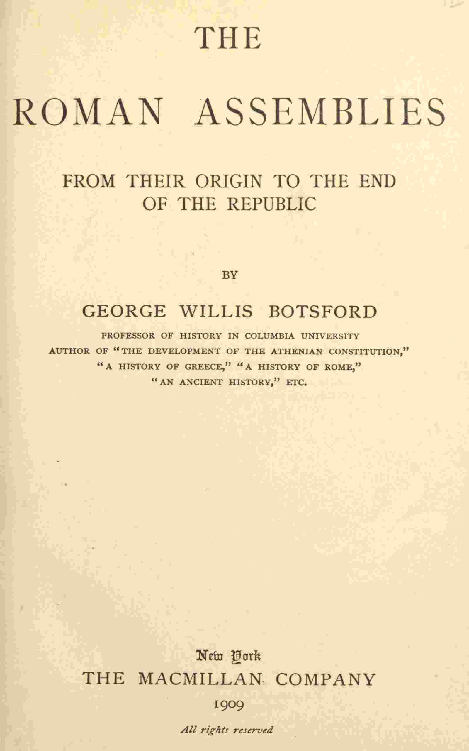 The Roman assemblies from their origin to the end of the Republic cover