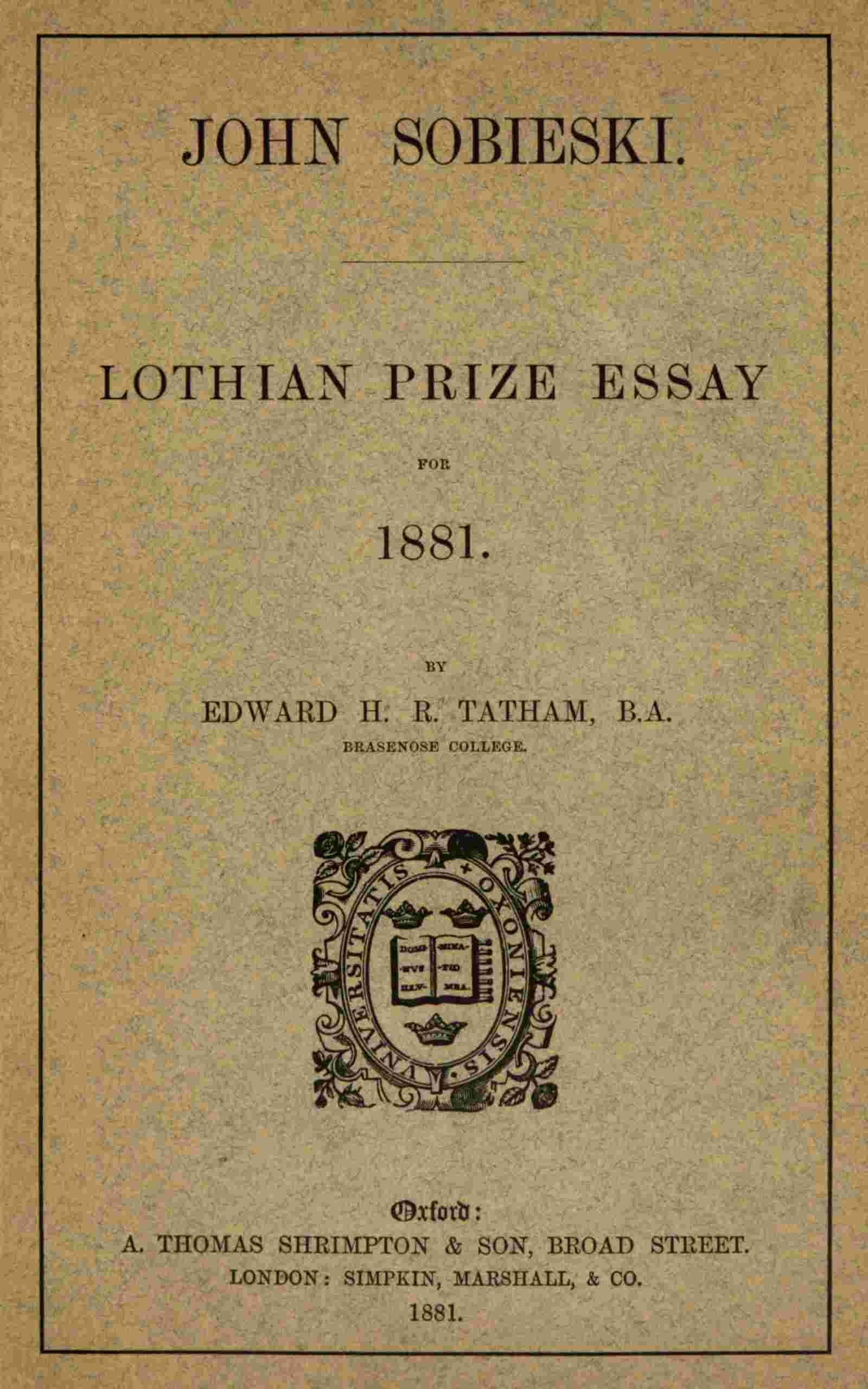 John Sobieski: Lothian prize essay for 1881 cover