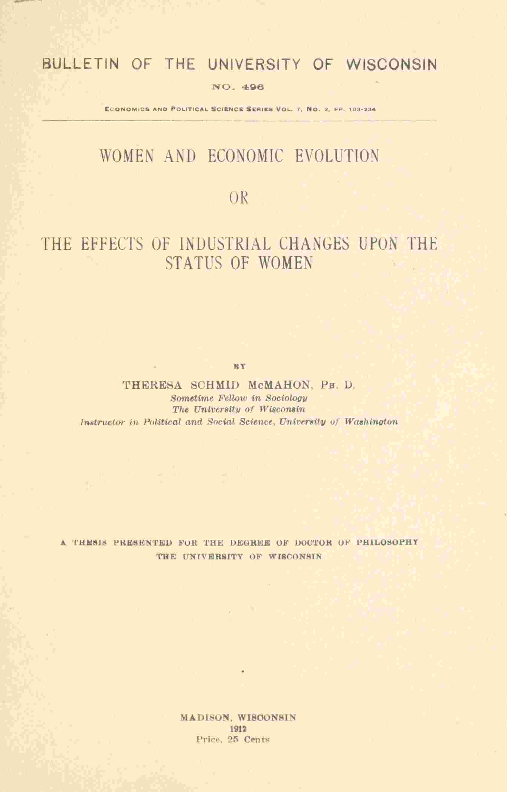 Women and economic evolution: or, The effects of industrial changes upon the status of women cover