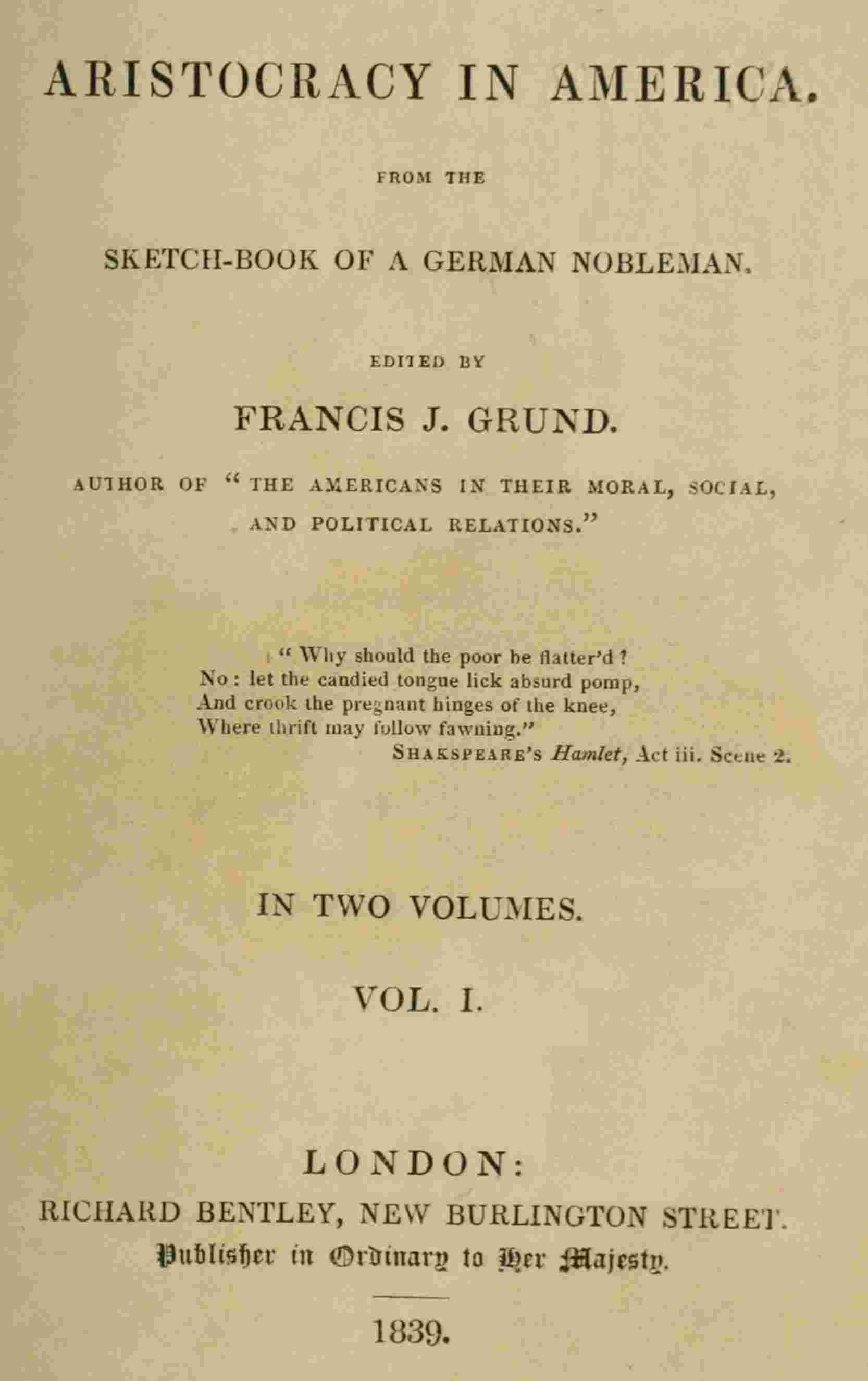 Aristocracy in America. From the sketch-book of a German nobleman. vol. 1 (of 2) cover