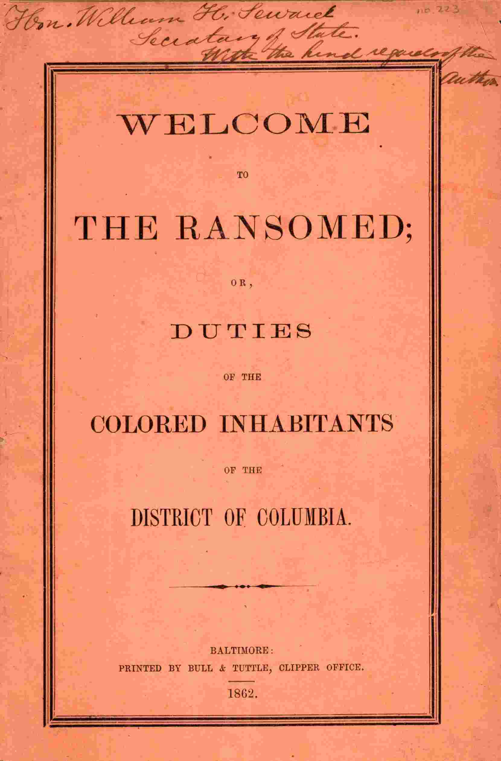 Welcome to the ransomed; or, Duties of the colored inhabitants of the District of Columbia cover