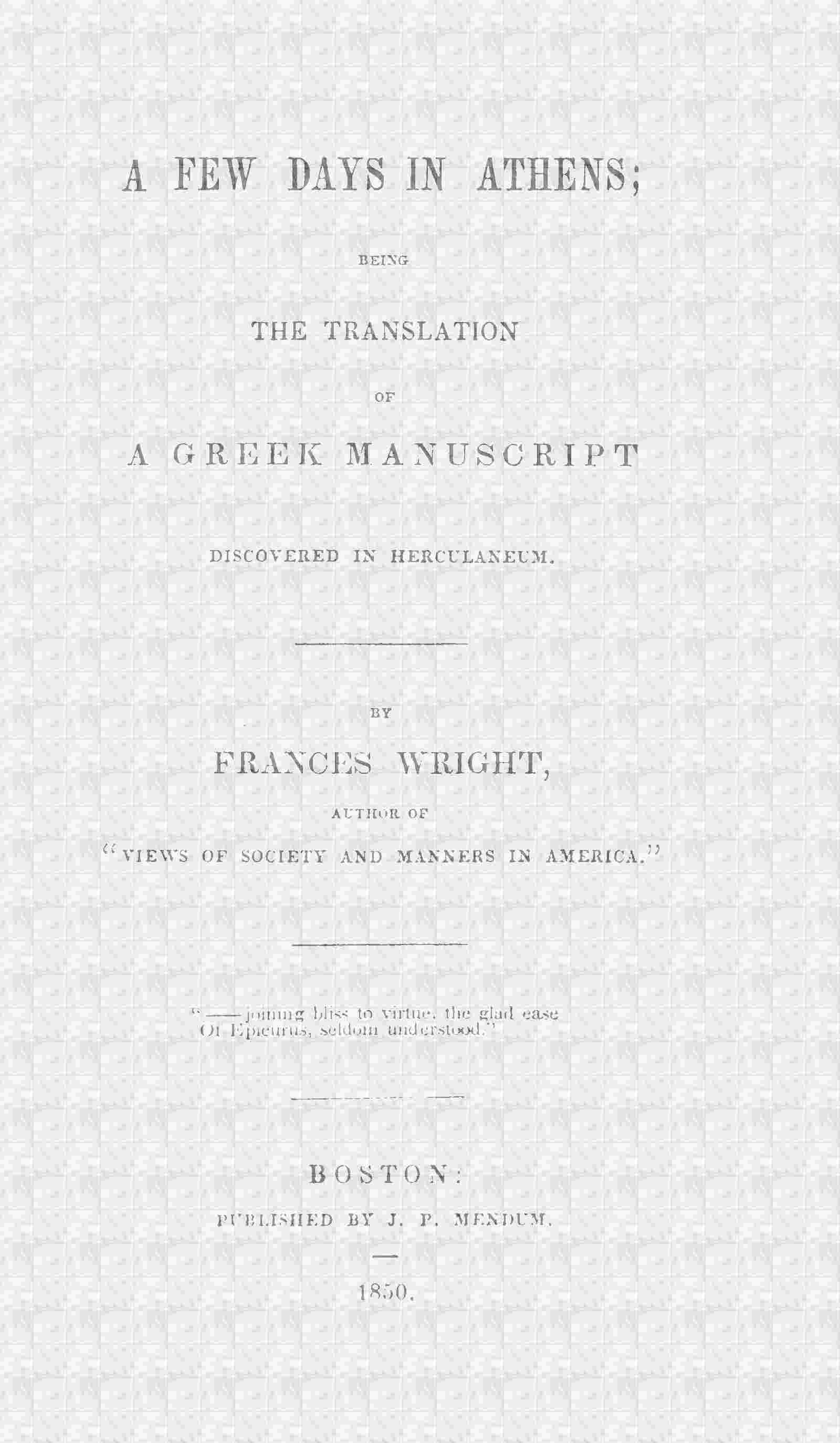 A few days in Athens / being the translation of a Greek manuscript discovered in Herculaneum cover