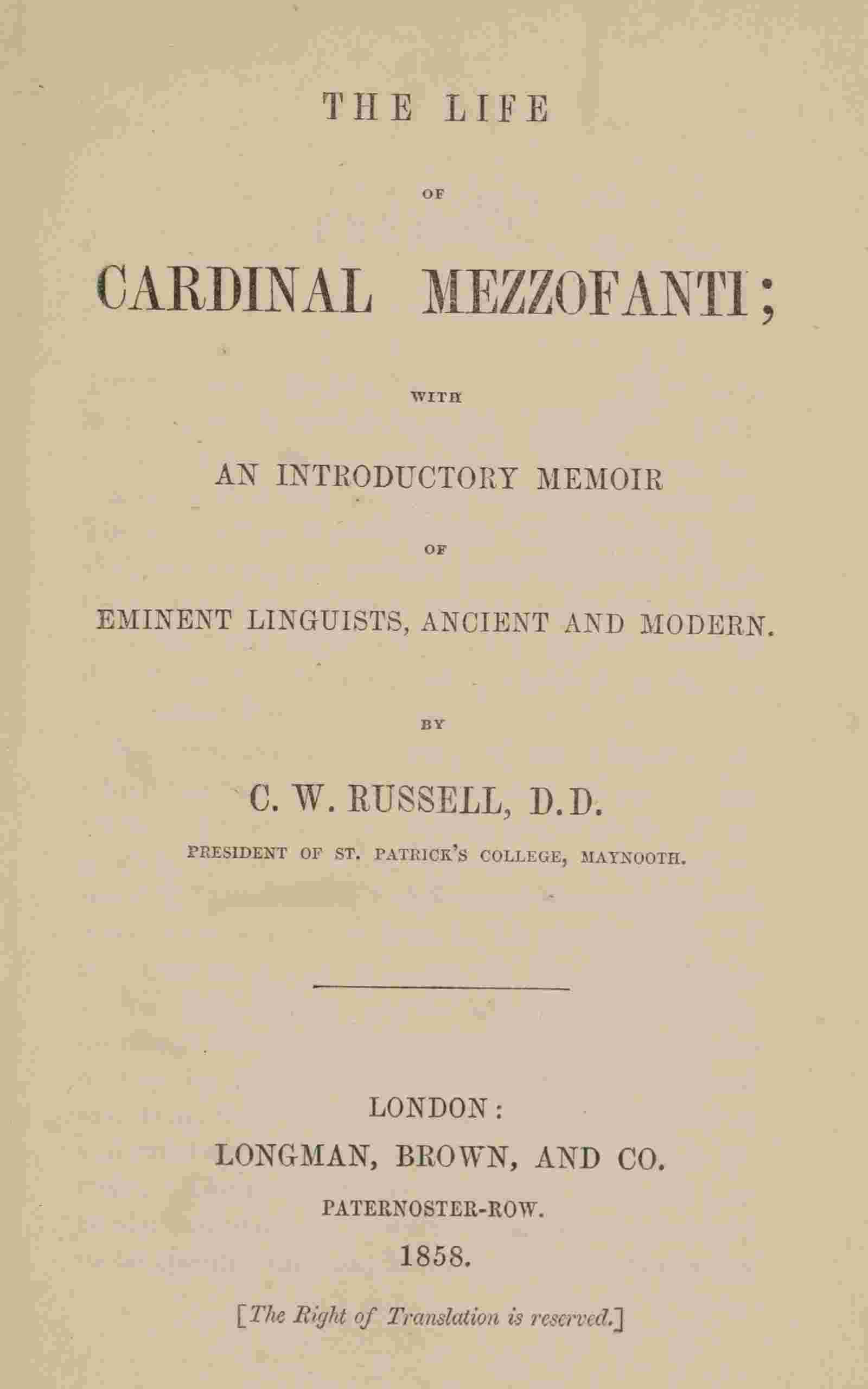 The life of Cardinal Mezzofanti / With an introductory memoir of eminent linguists, ancient and modern cover