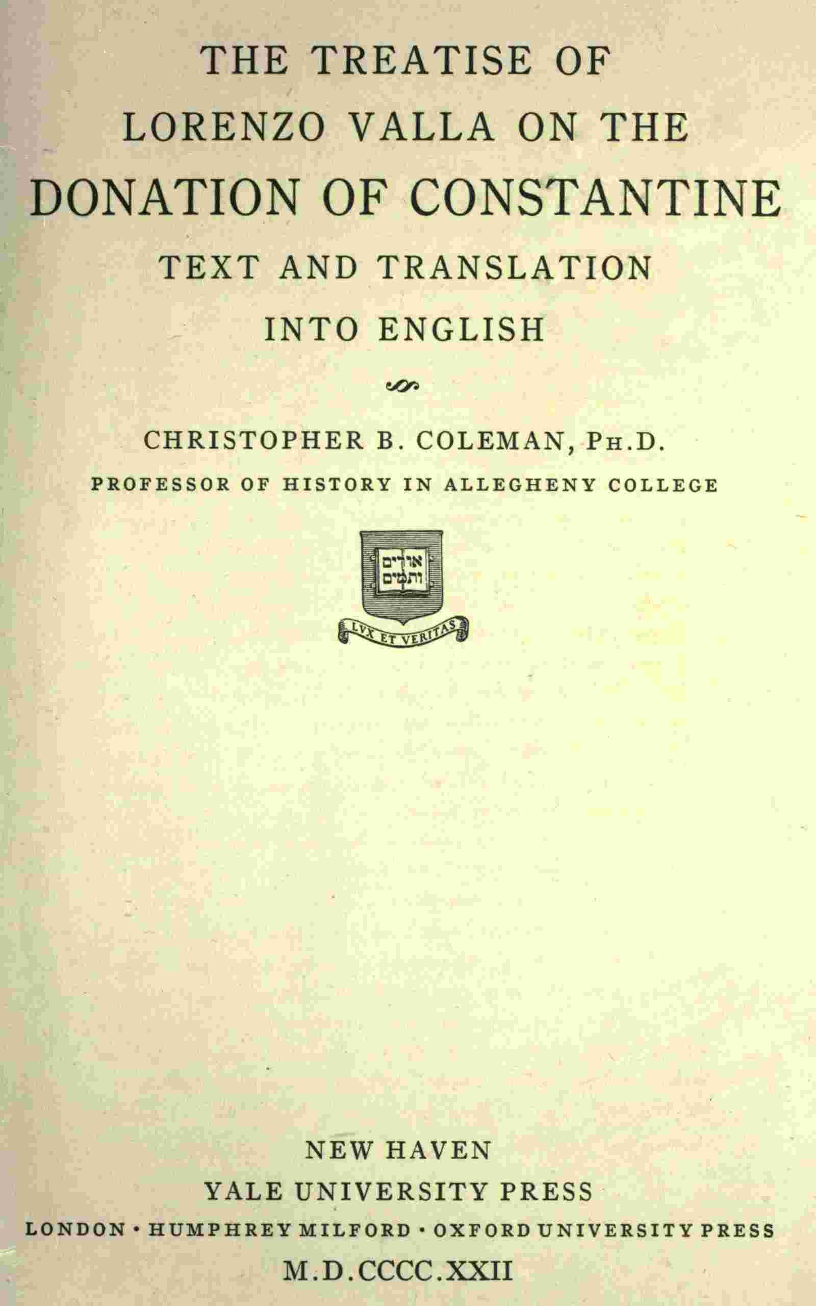The treatise of Lorenzo Valla on the Donation of Constantine cover