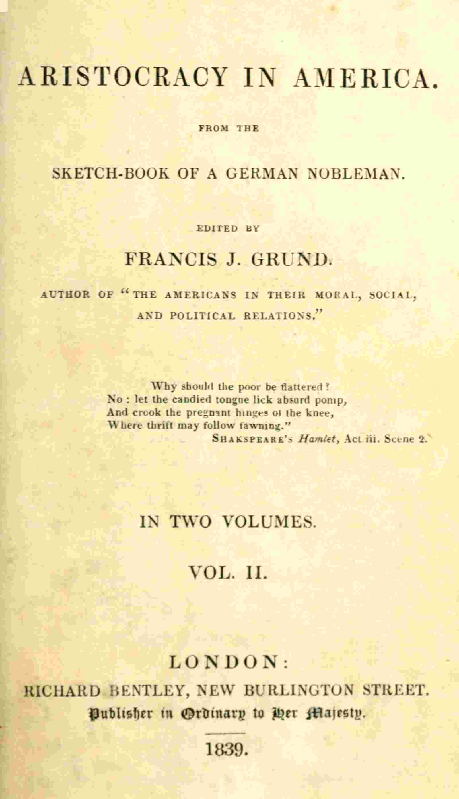Aristocracy in America. From the sketch-book of a German nobleman. vol. 2 (of 2) cover