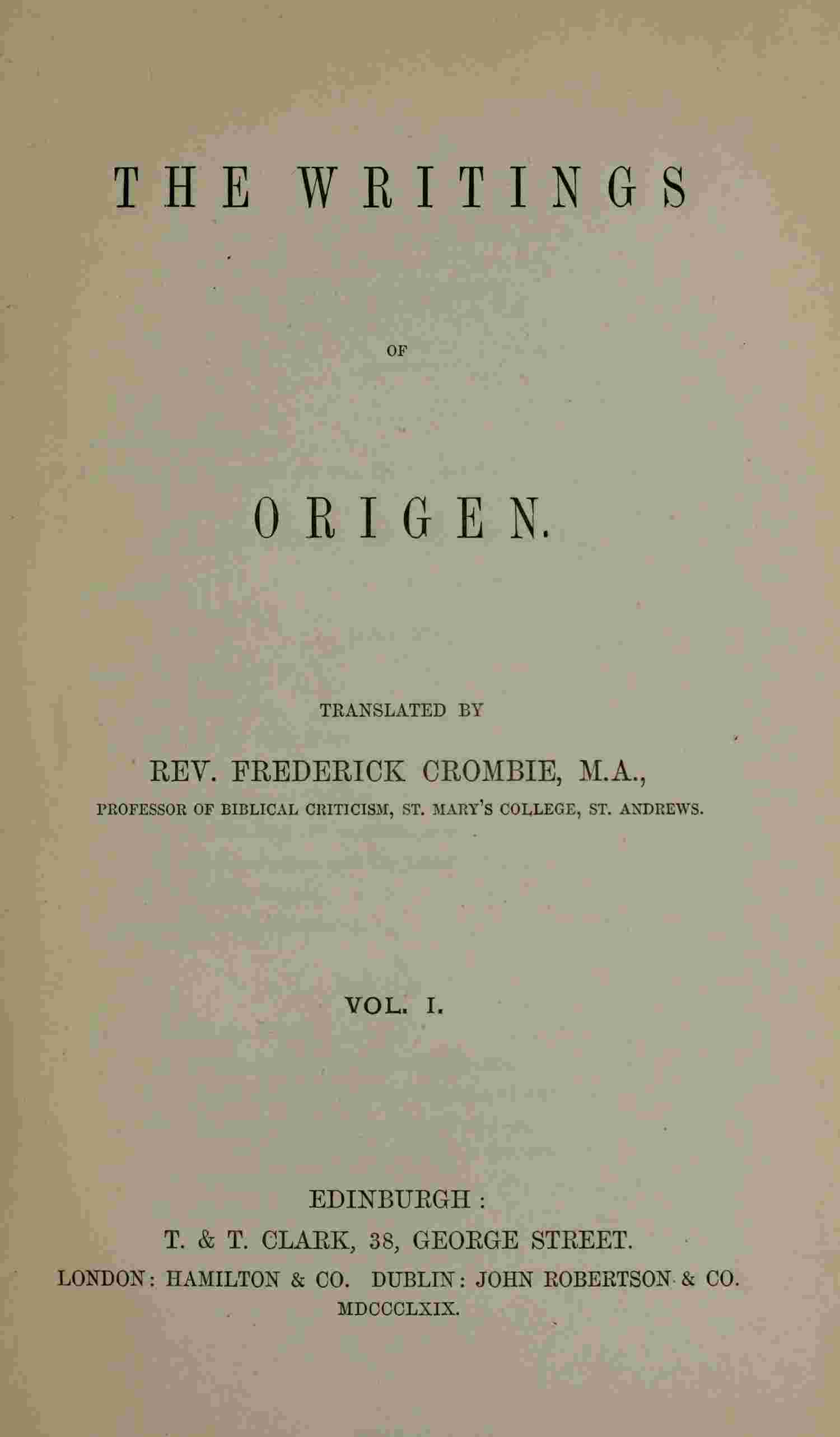 The writings of Origen, Vol. 1 (of 2) cover