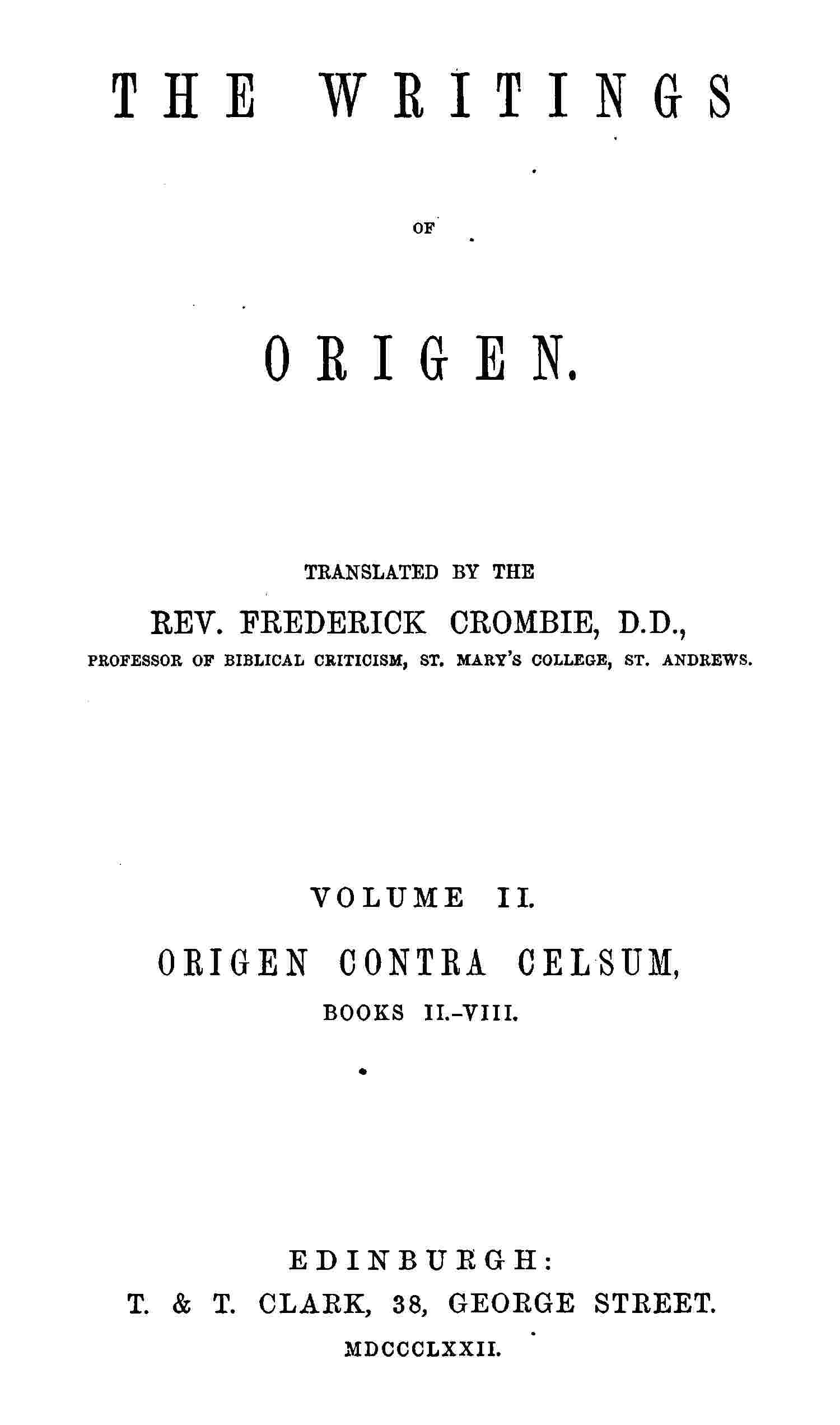 The writings of Origen, Vol. 2 (of 2) cover