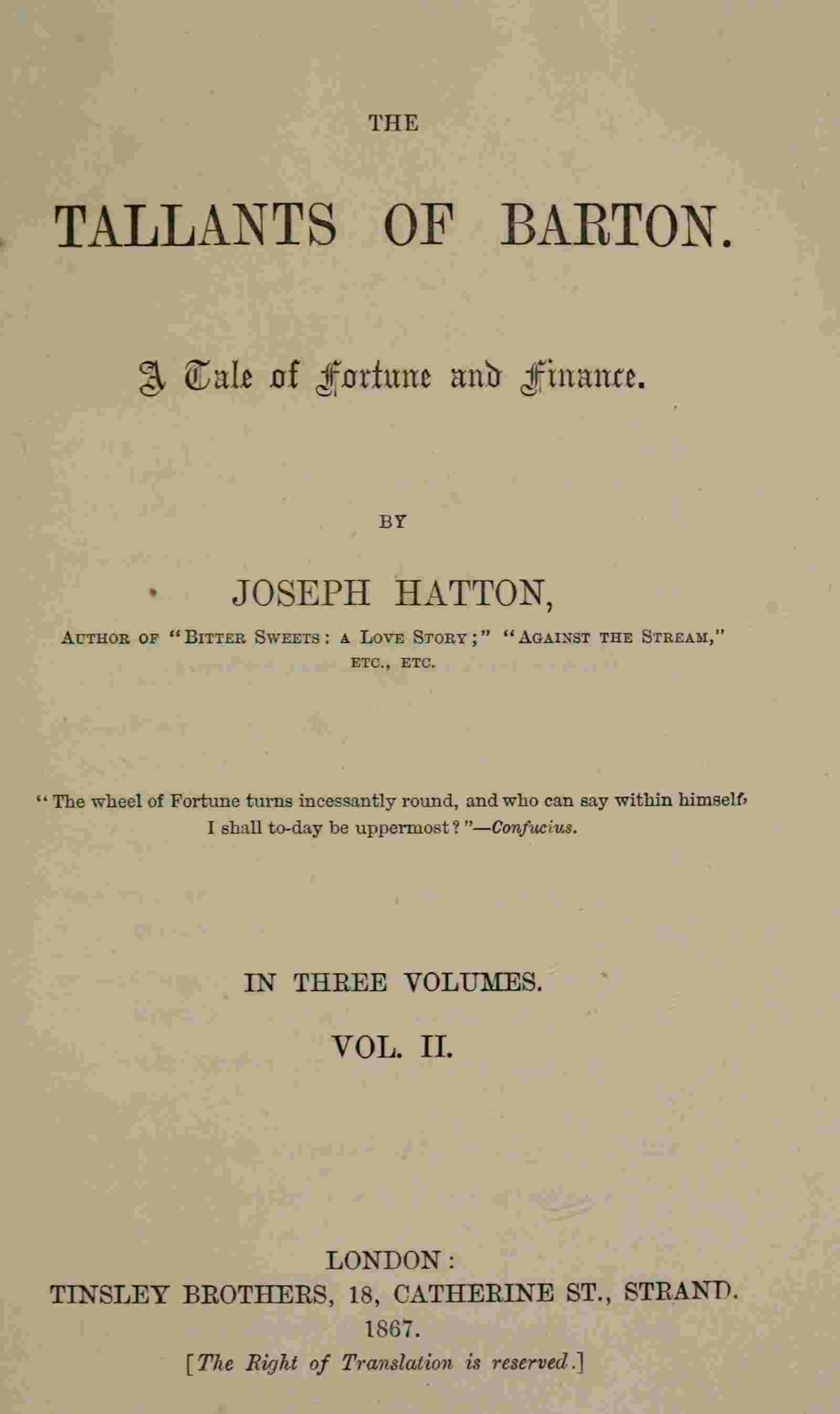 The Tallants of Barton, vol. 2 (of 3) : A tale of fortune and finance cover