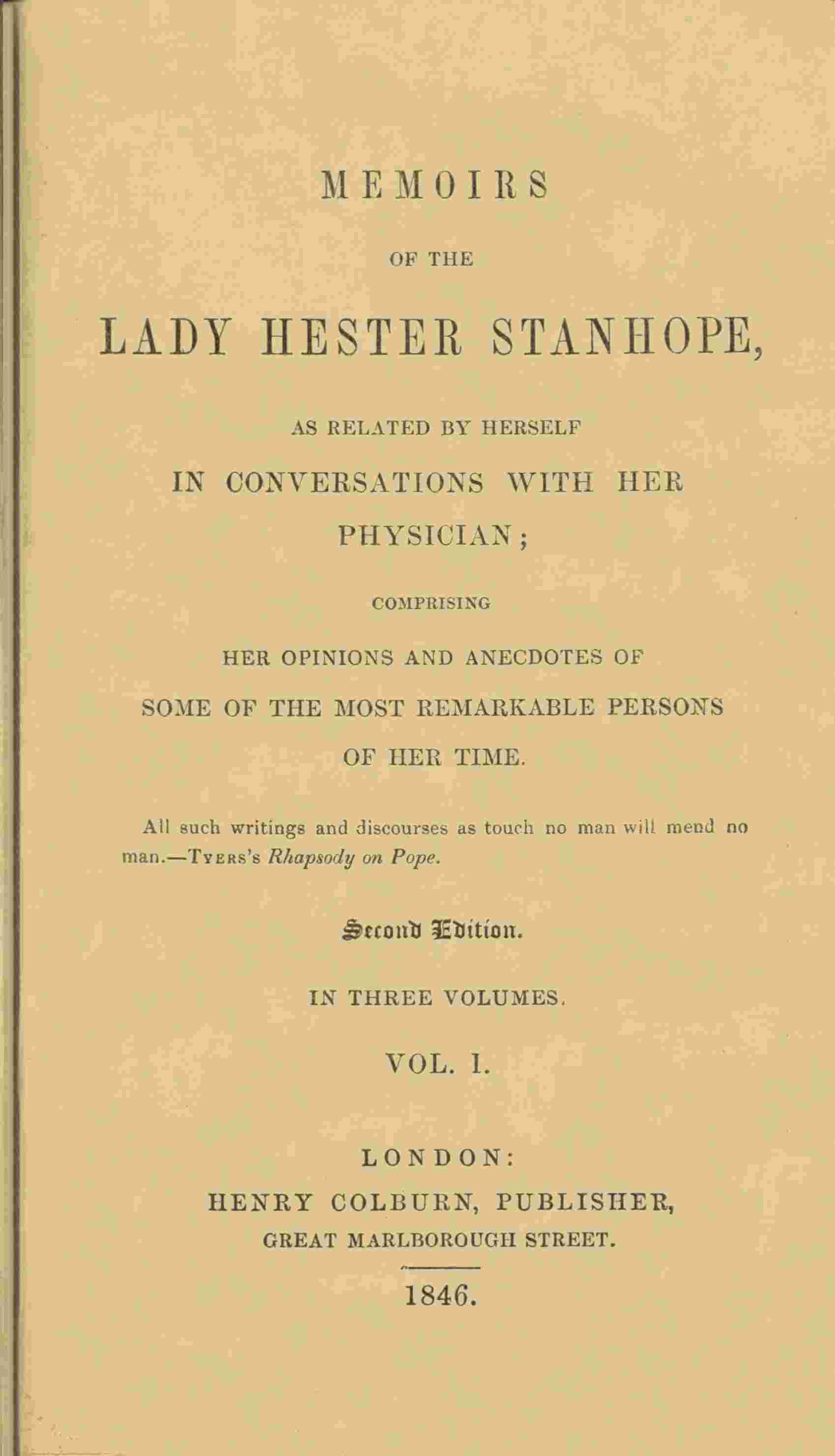 Memoirs of the Lady Hester Stanhope, as related by herself in conversations with her physician, vol. 1 (of 3) cover