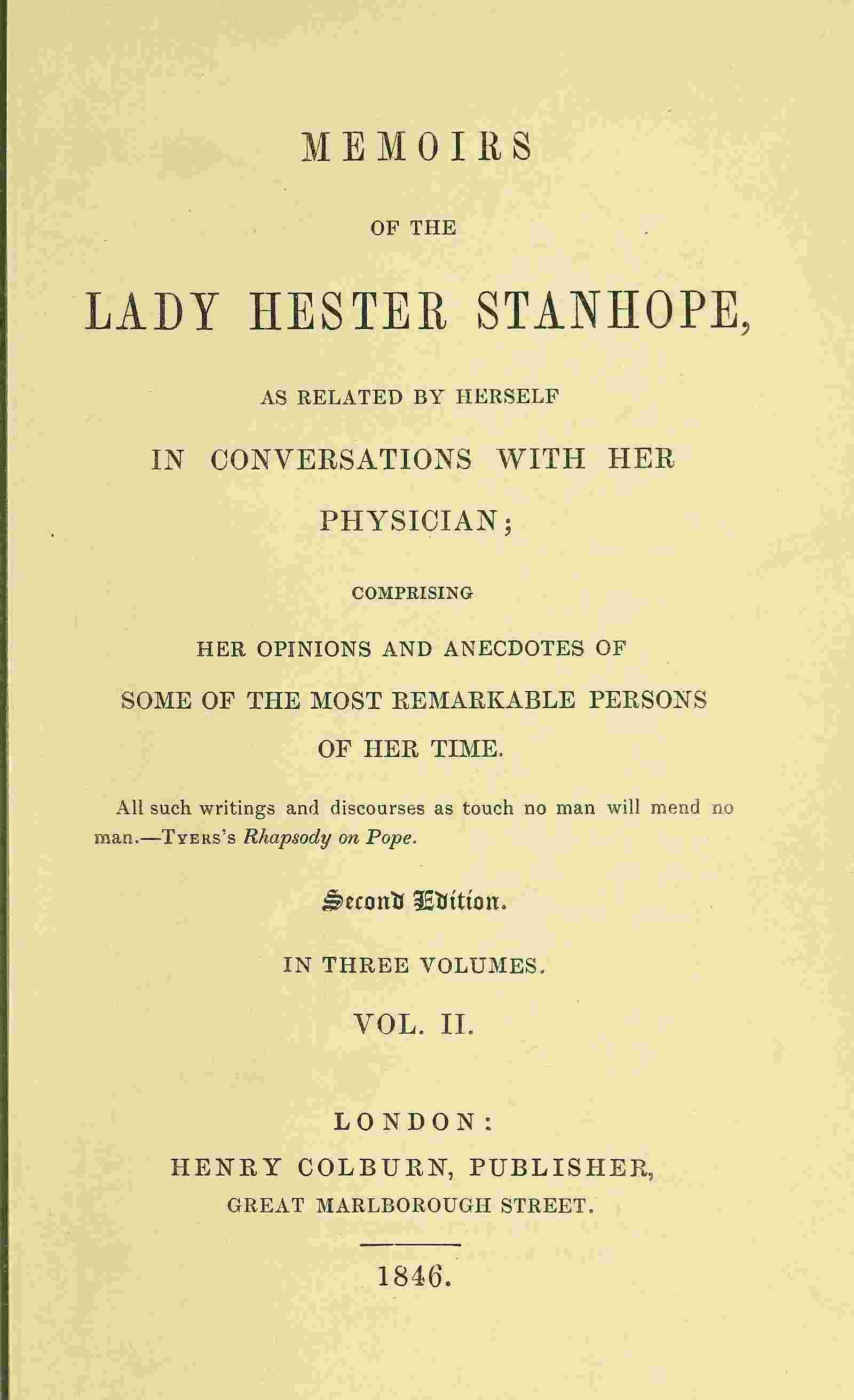 Memoirs of the Lady Hester Stanhope, as related by herself in conversations with her physician, vol. 2 (of 3) cover