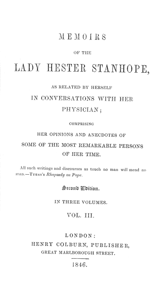 Memoirs of the Lady Hester Stanhope, as related by herself in conversations with her physician, vol. 3 (of 3) cover