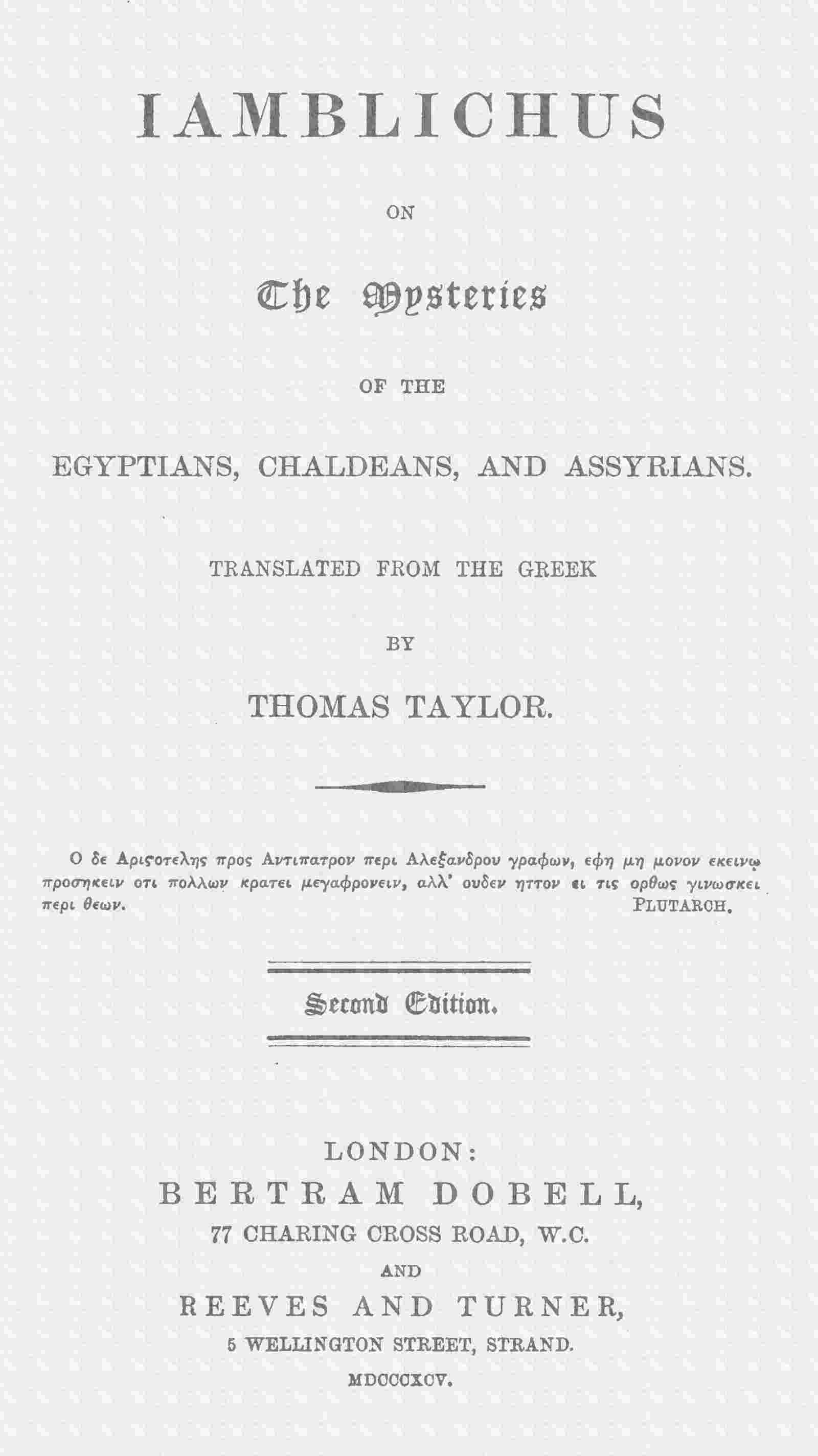 Iamblichus on the mysteries of the Egyptians, Chaldeans, and Assyrians cover