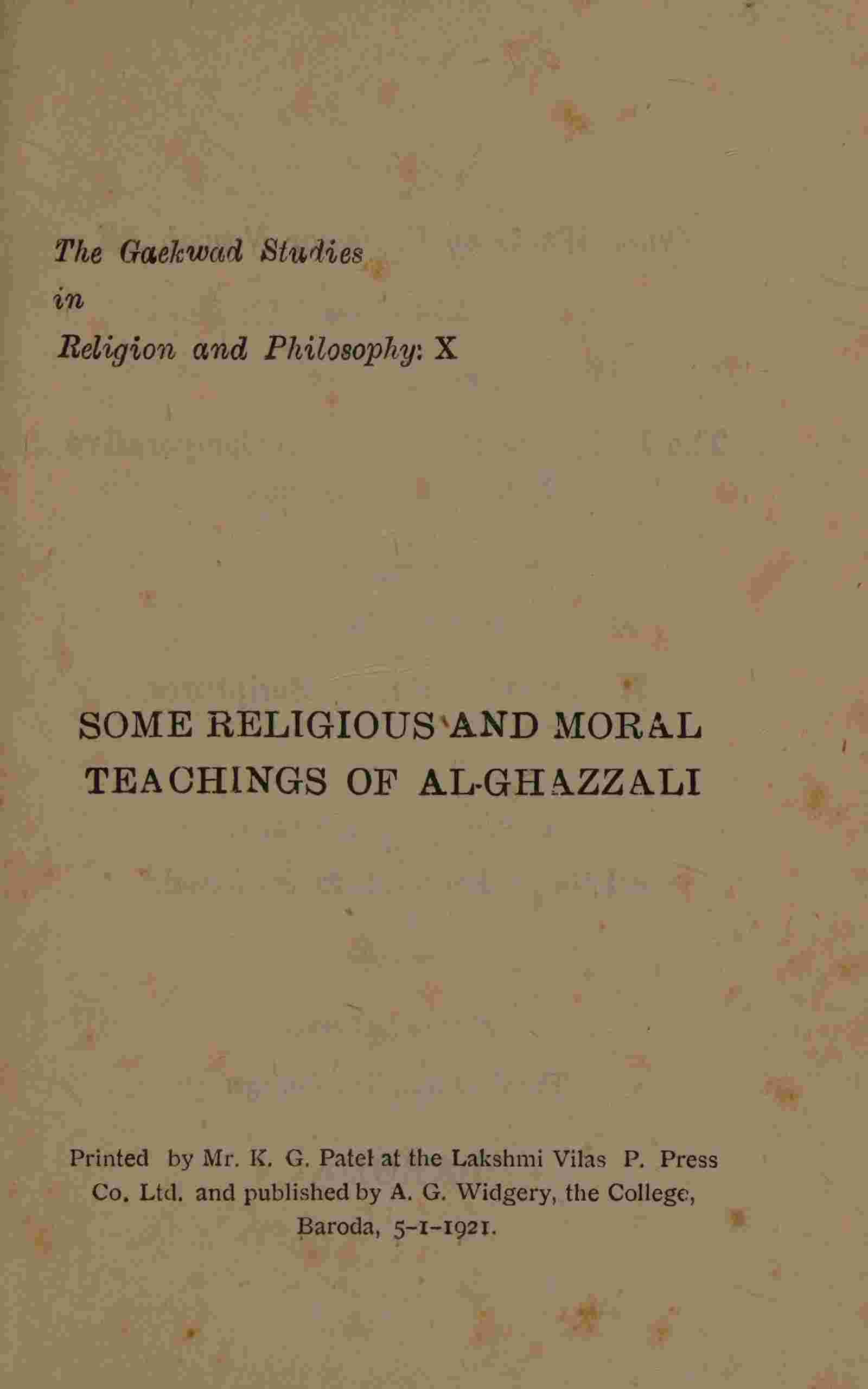 Some religious and moral teachings of Al-Ghazzali cover