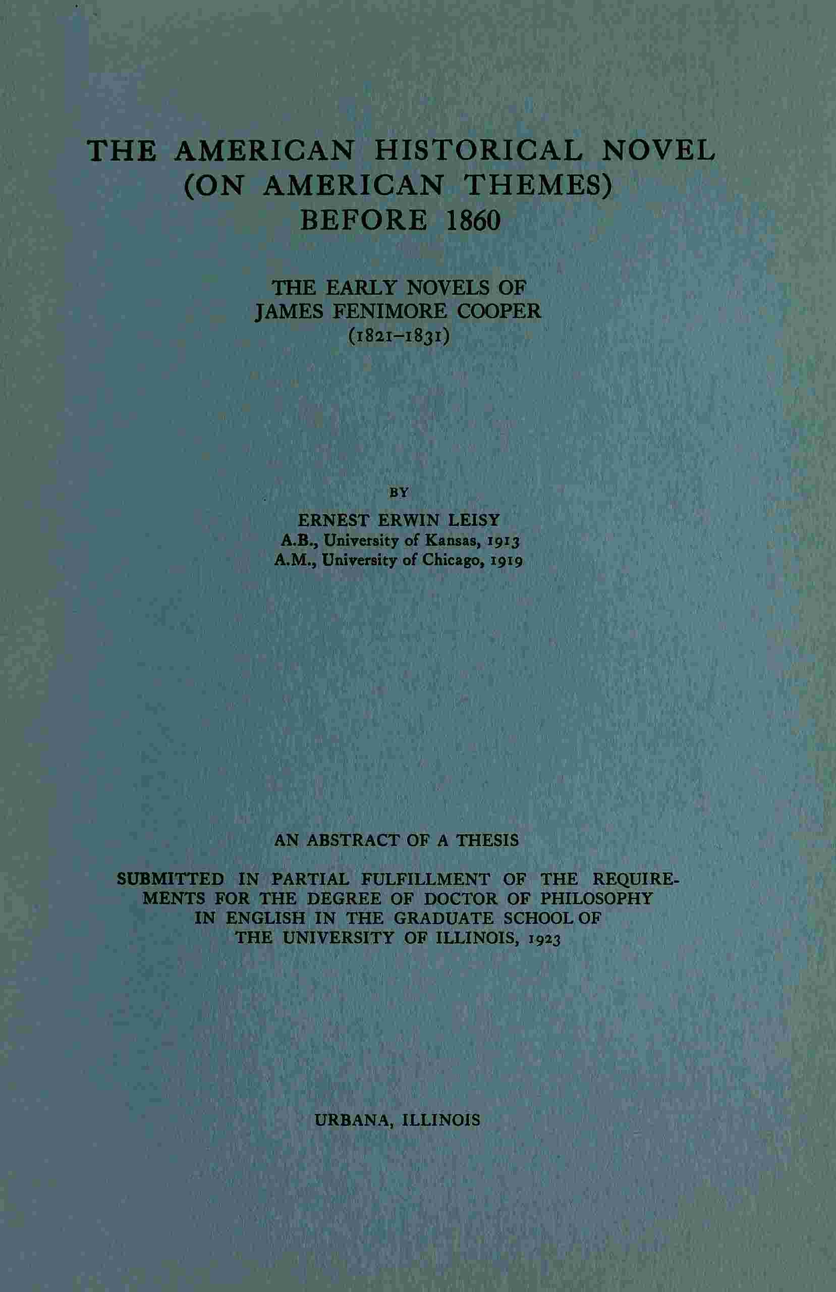 The American historical novel (on American themes) before 1860 cover