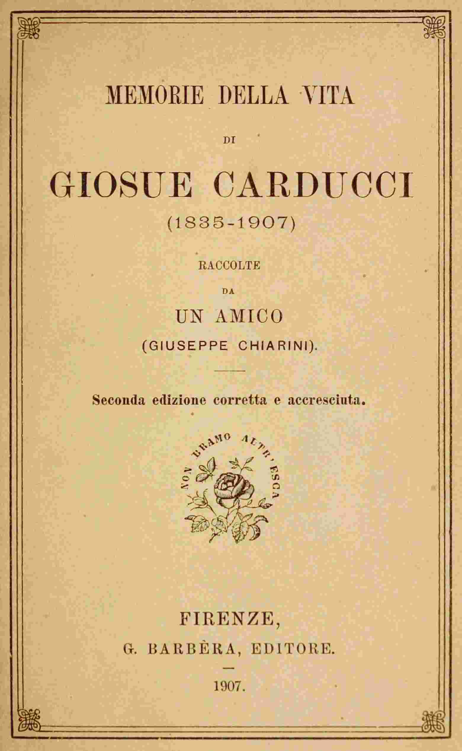 Memorie della vita di Giosue Carducci (1835-1907) cover