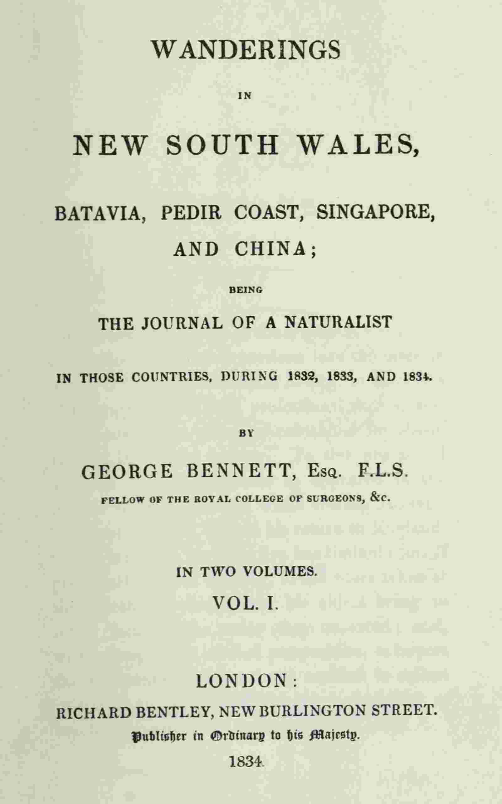 Wanderings in New South Wales, Batavia, Pedir Coast, Singapore, and China, Vol. 1 (of 2) cover