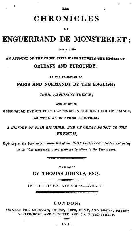 The chronicles of Enguerrand de Monstrelet, Vol. 05 [of 13] cover