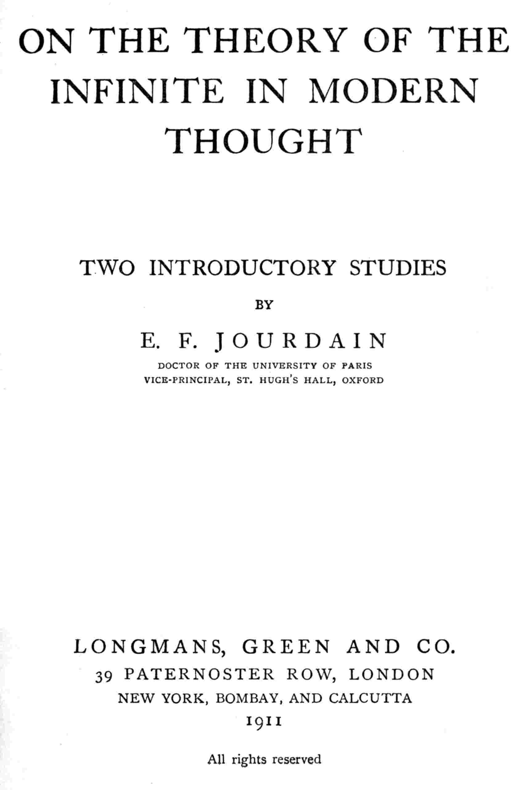On the theory of the infinite in modern thought cover