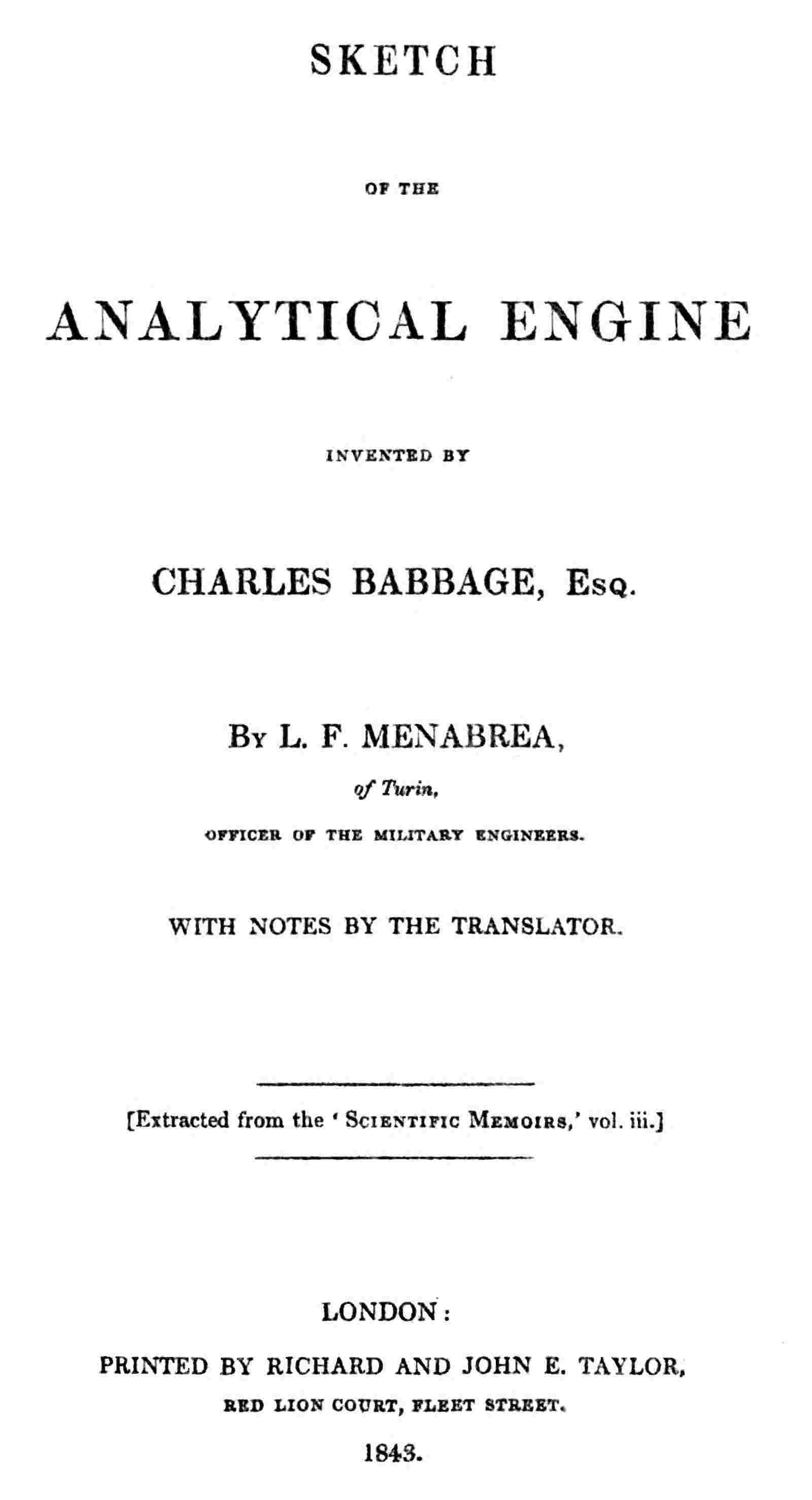Sketch of the Analytical Engine invented by Charles Babbage, Esq. cover