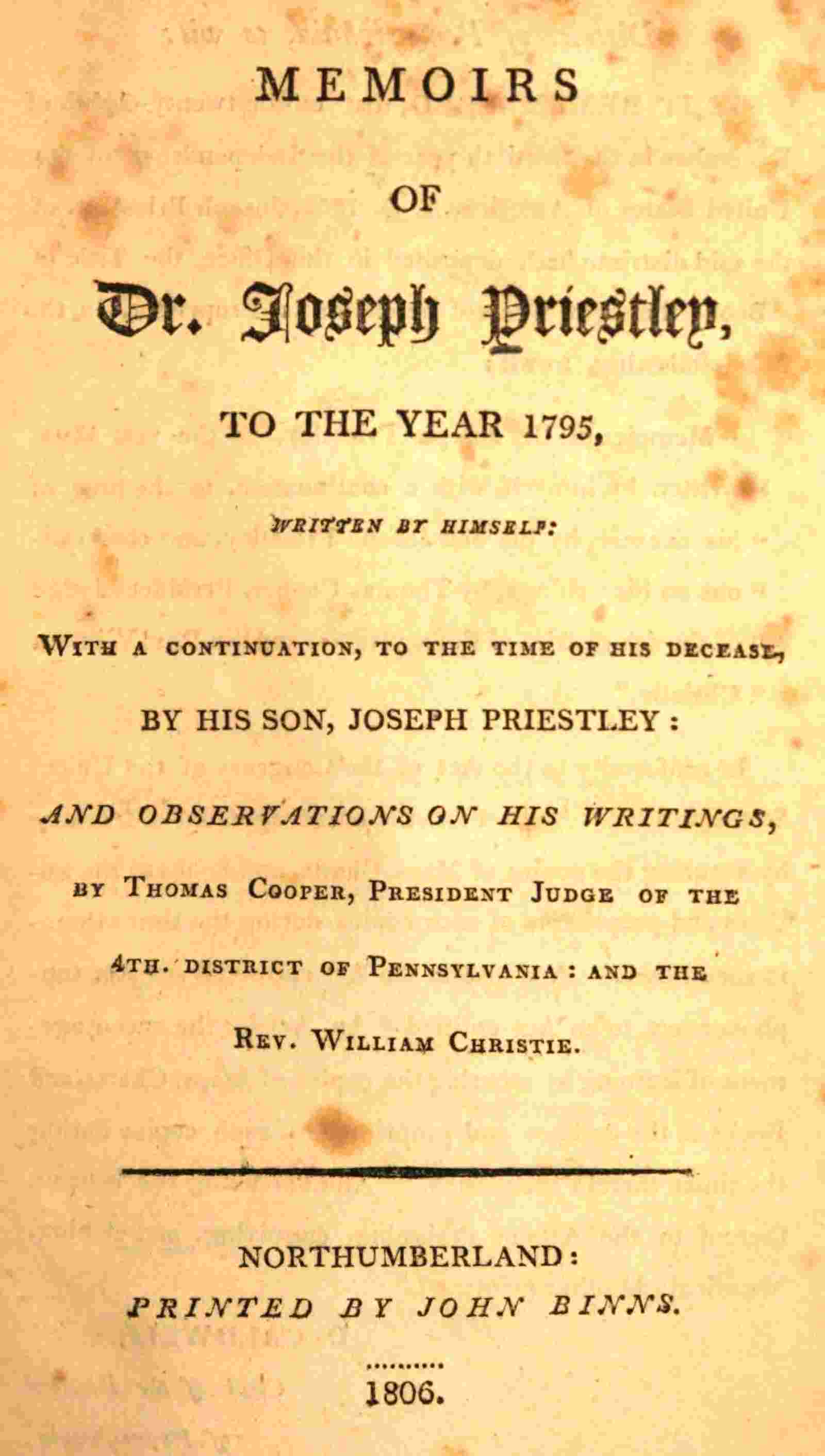 Memoirs of Dr. Joseph Priestley cover