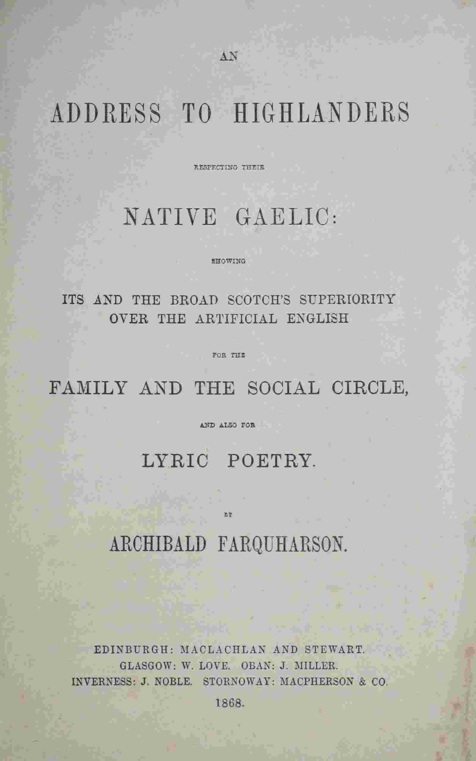 An address to Highlanders respecting their native Gaelic cover