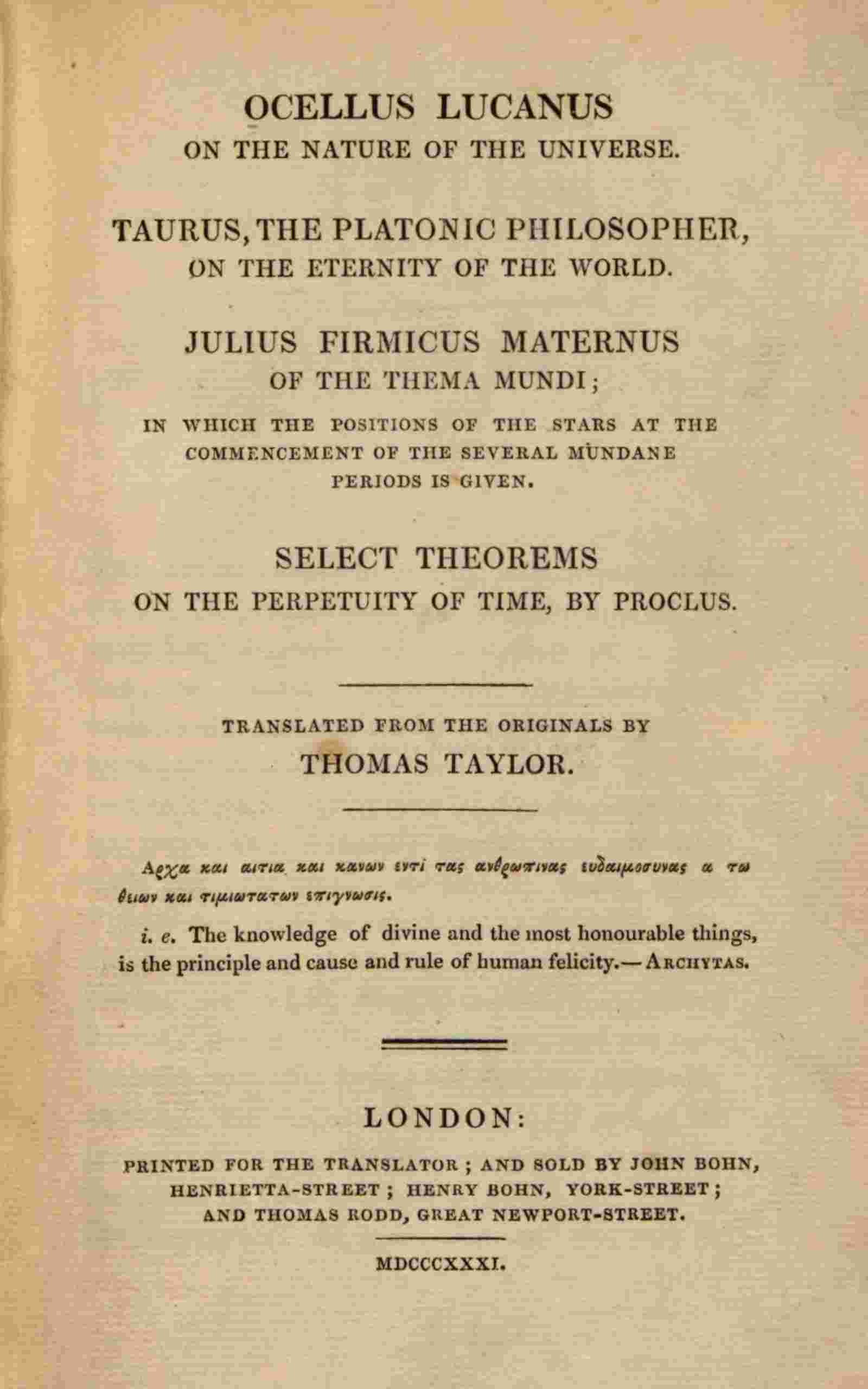 Ocellus Lucanus on the nature of the universe cover