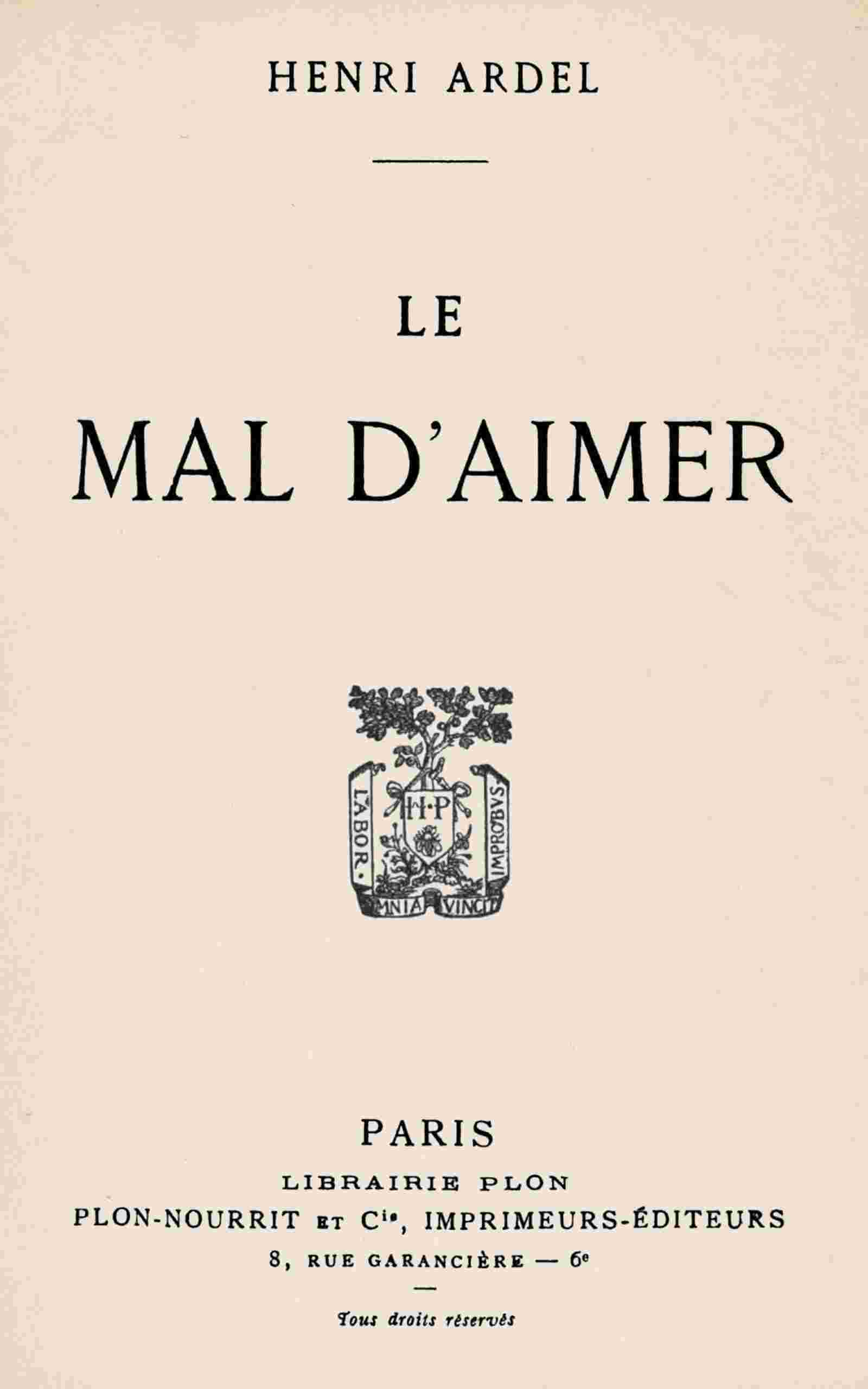 Le mal d'aimer cover