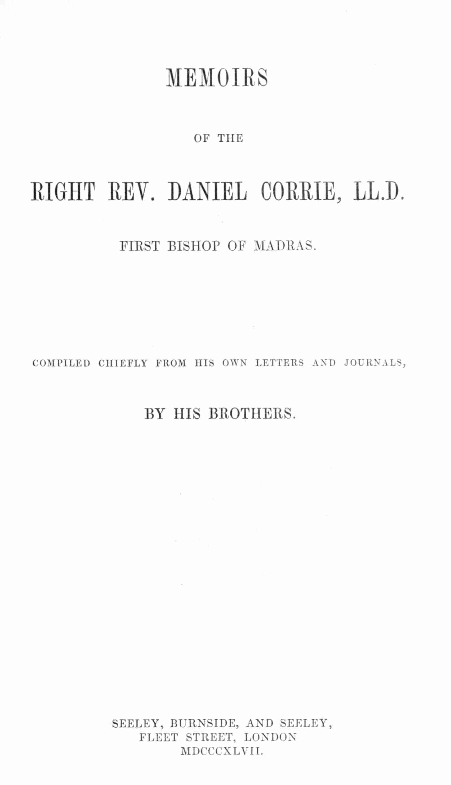 Memoirs of the Right Rev. Daniel Corrie, LL.D., first Bishop of Madras cover