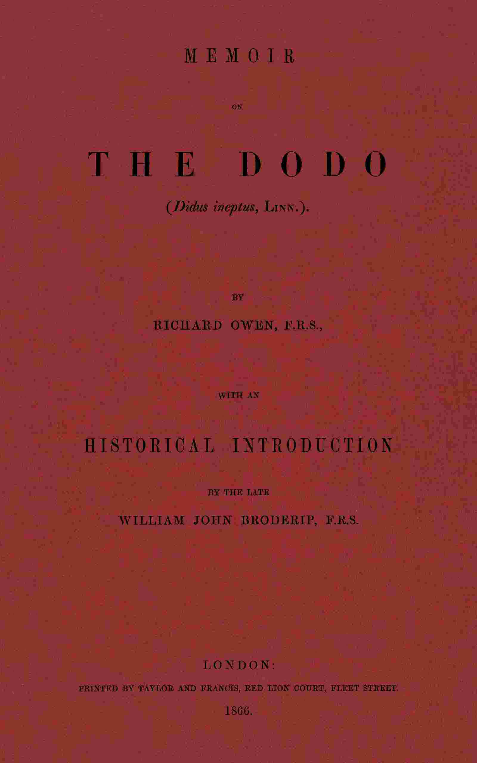 Memoir on the Dodo (Didus ineptus, Linn.) cover