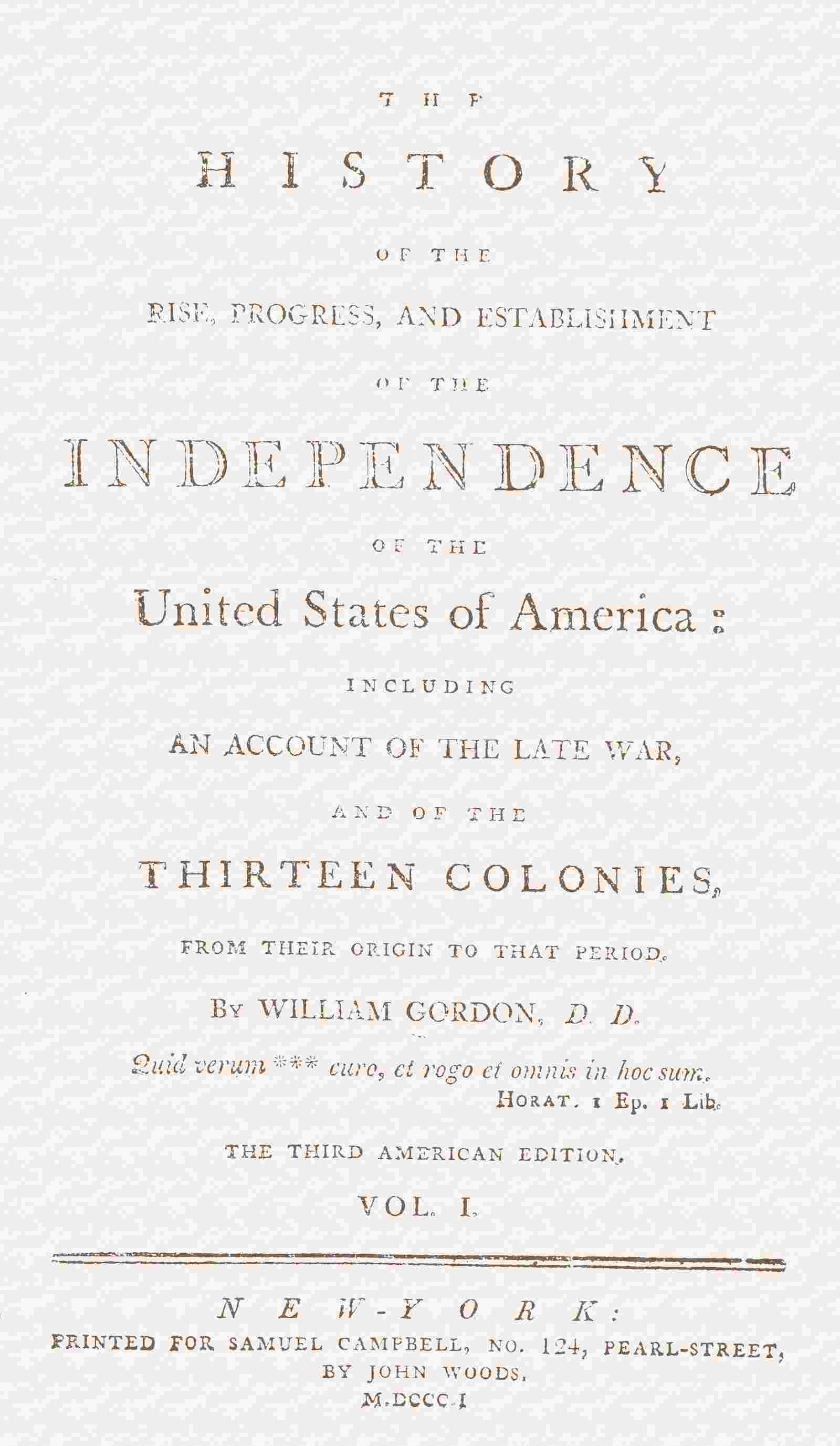 The history of the rise, progress, and establishment of the independence of the United States of America, Vol. 1 (of 3) cover