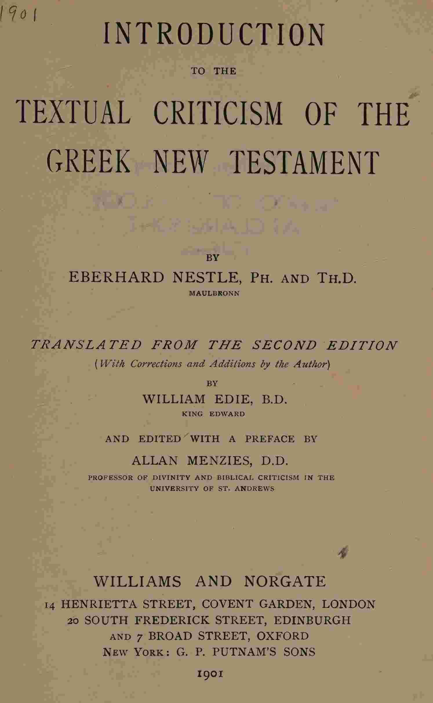 Introduction to the textual criticism of the Greek New Testament cover