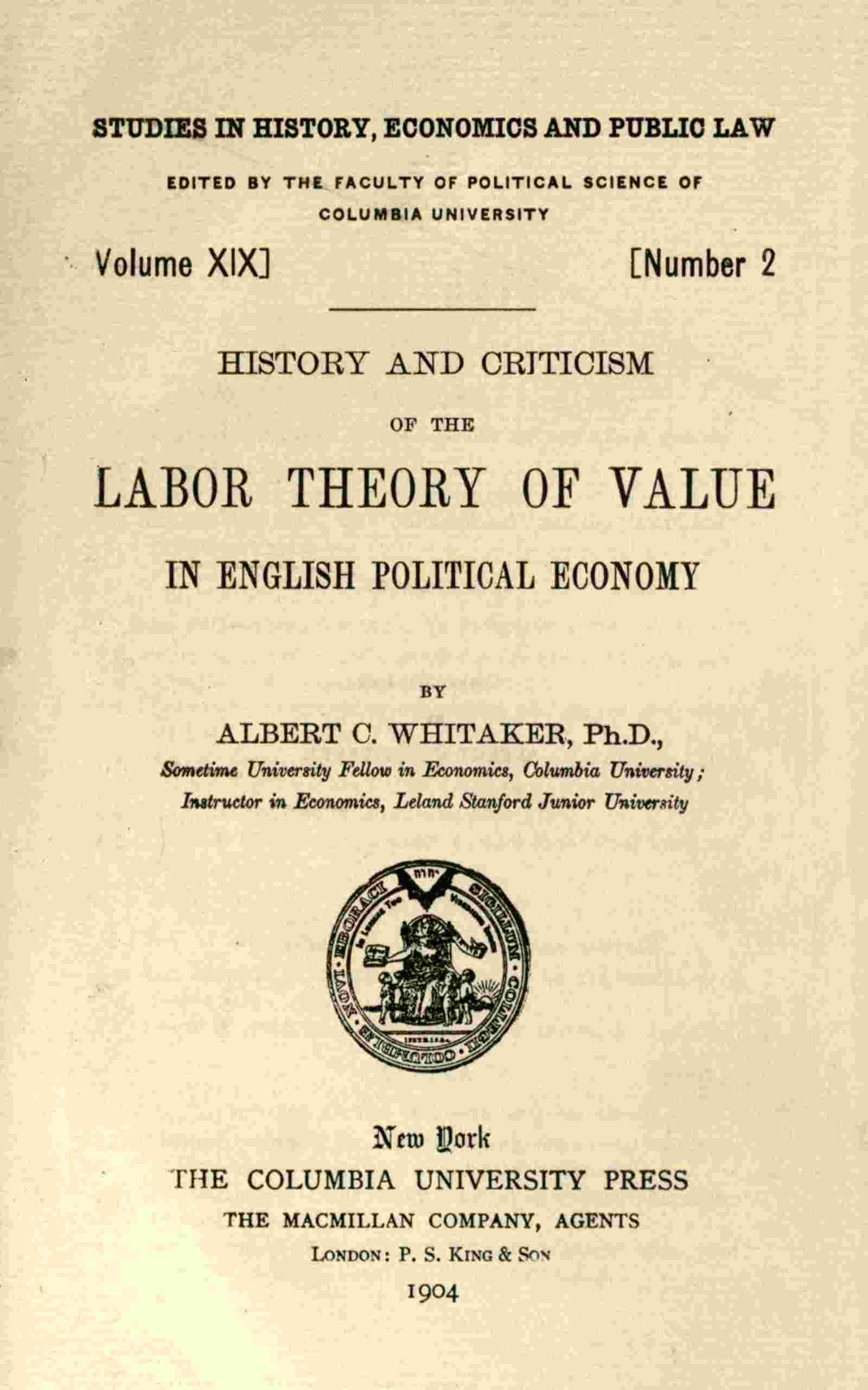History and criticism of the labor theory of value in English political economy cover