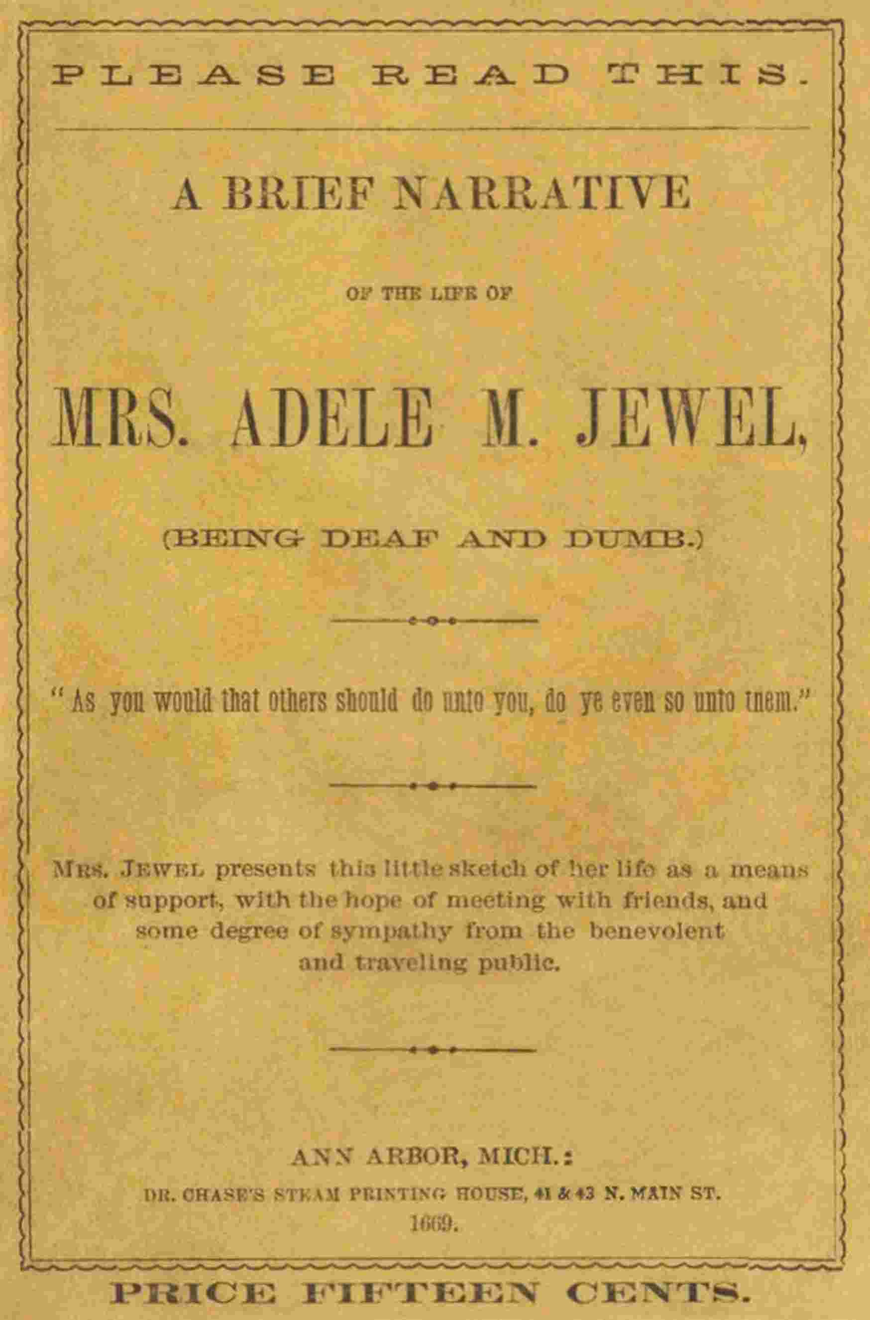 A brief narrative of the life of Mrs. Adele M. Jewel (being deaf and dumb) cover