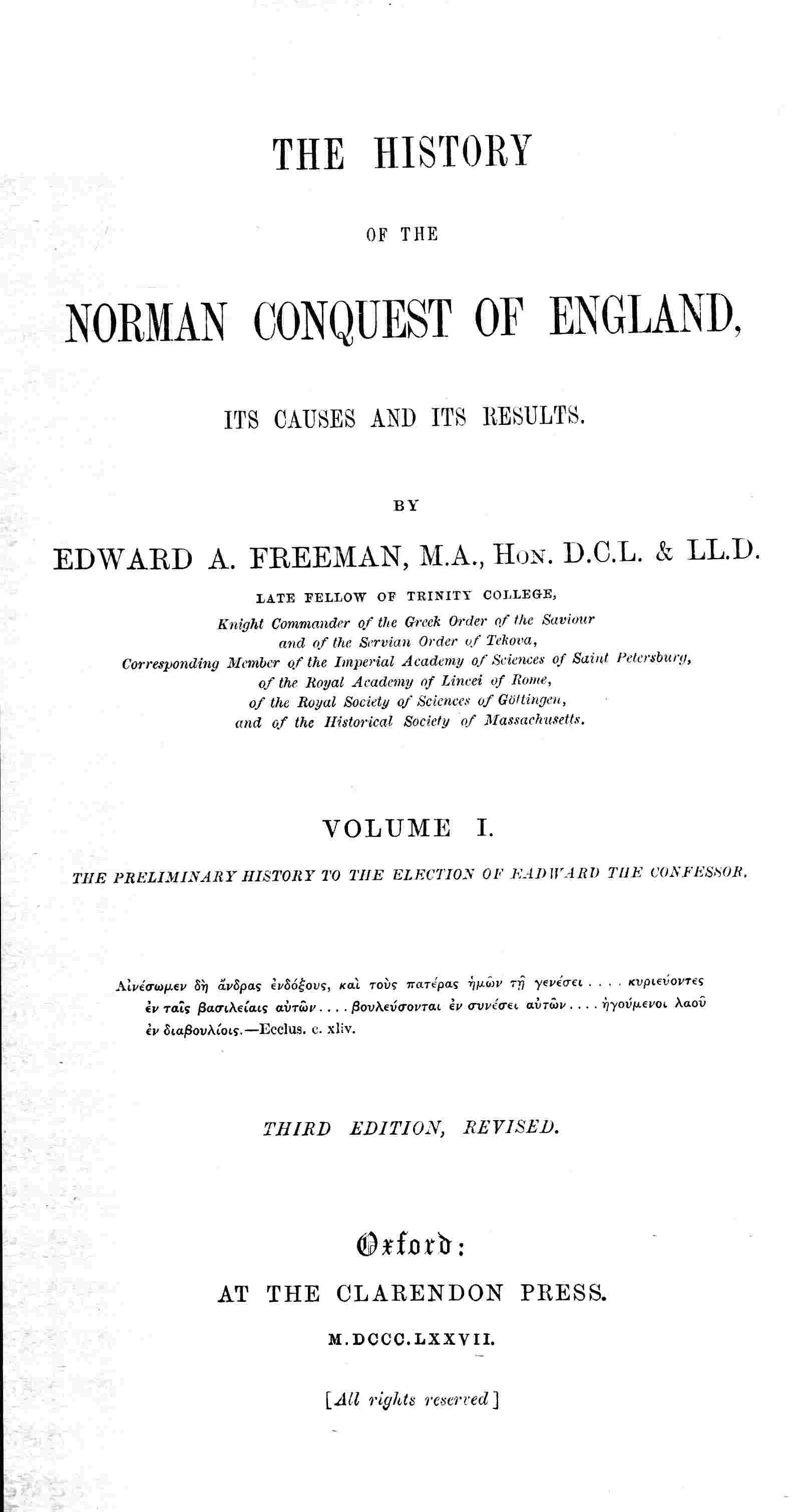The history of the Norman conquest of England, its causes and its results, Volume 1 (of 6) cover