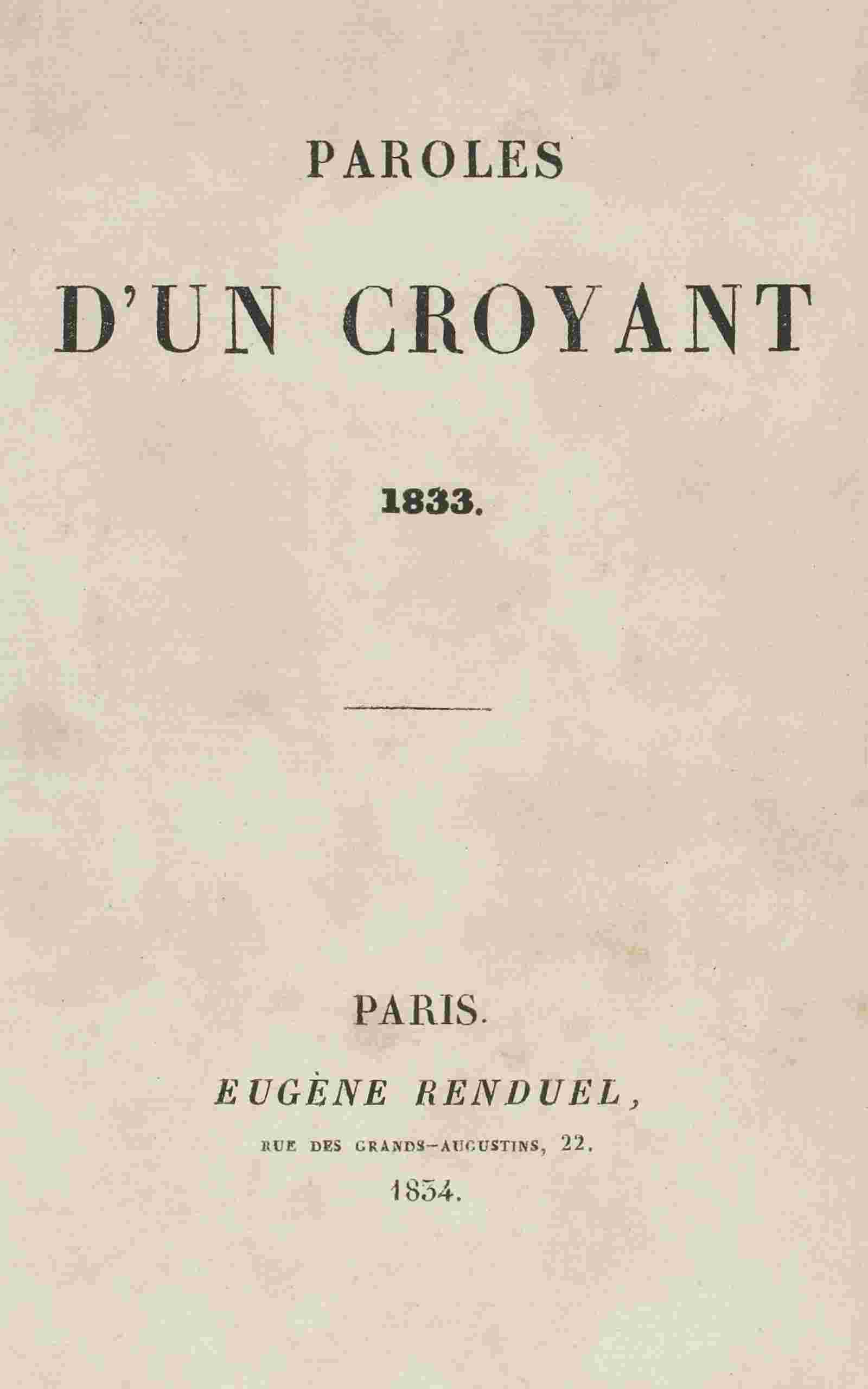 Paroles d'un croyant, 1833 cover